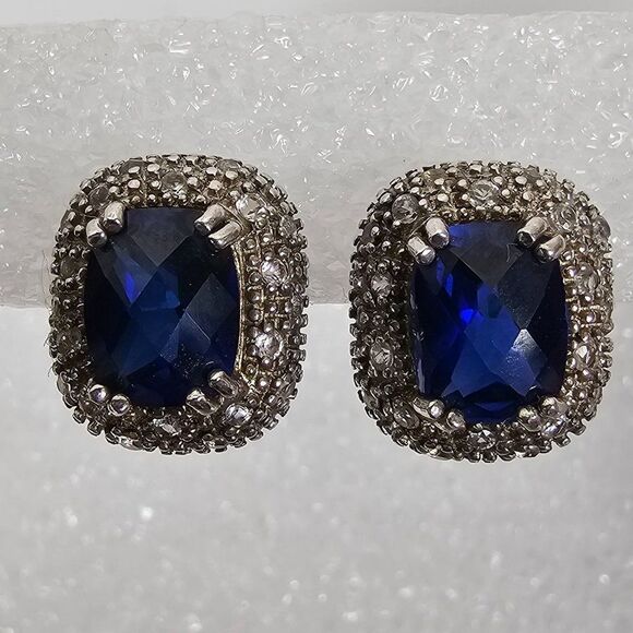 Vintage Jewelry - Genuine Cushion Cut Sapphire Diamond Omega Back Sterling Silver Post Earrings